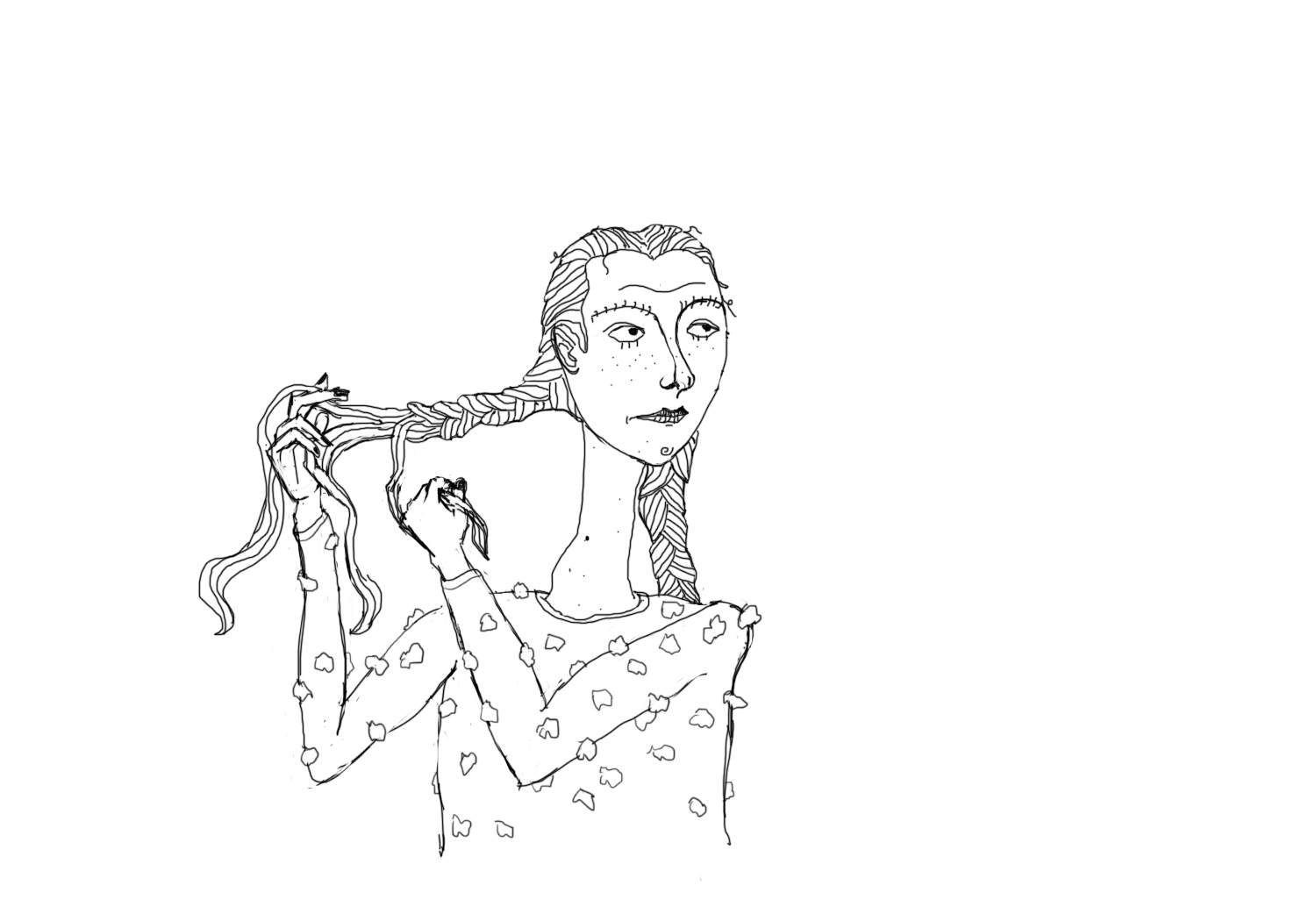 sketchy illustration of a girl braiding her hair